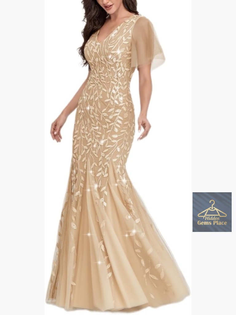 Sequin Tulle Formal Maxi Dress V-Neck Bodycon Prom Wedding Guest